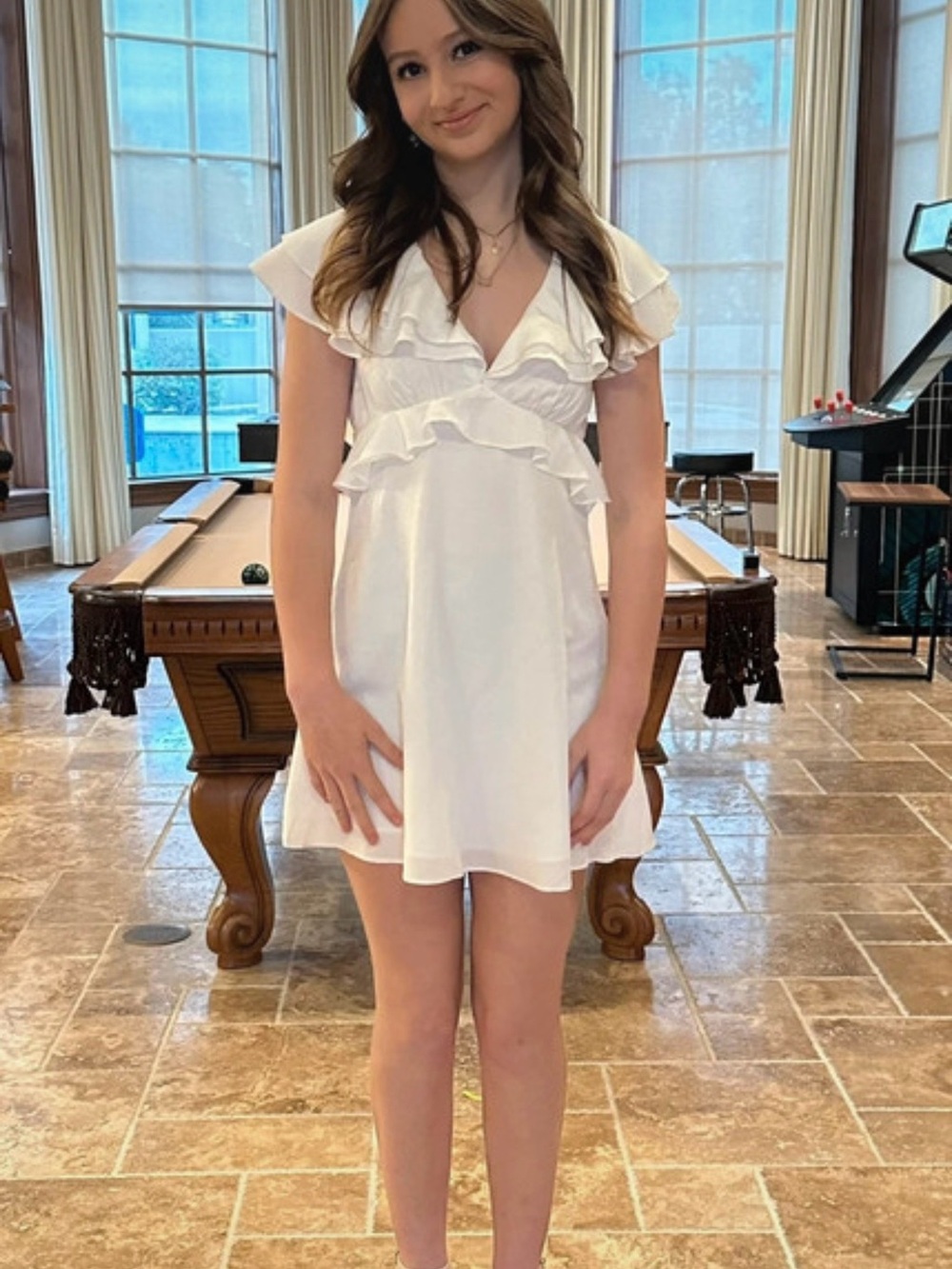 American Threads White Ruffle V-Neck Mini Dress